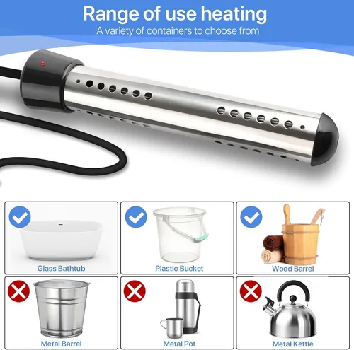 Miniatura 3 de Calentador de agua de inmersión de 2000 W con protector 304 SS calienta rápidamente hasta 5 galones de agua en minutos, calentador de agua portátil