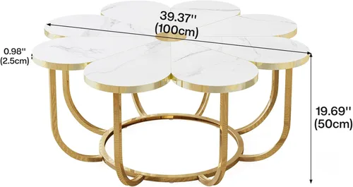 Miniatura 2 de Tribesigns Mesa de centro blanca y dorada, pieza central moderna de 39.37 pulgadas con mesa de mármol sintético en forma de flor y marco de metal