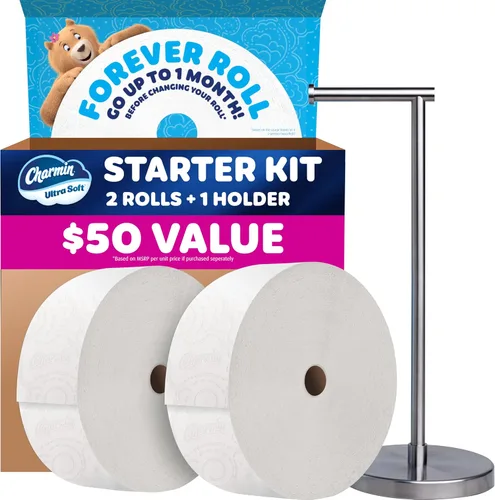 Charmin Papel higiénico ultra suave, kit de iniciación Forever Roll, 1 soporte, 2 rollos, papel de baño de 2 capas