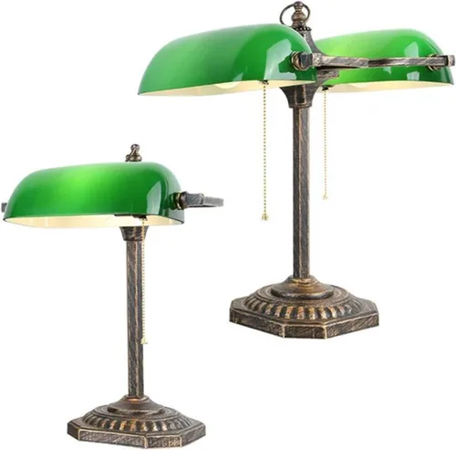 Miniatura 6 de Vintage Brass Bankers with Emerald Green Glass Shade Art Deco Double Head Table Lamp Indoor Light