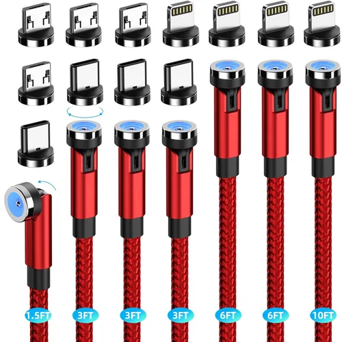 Miniatura 8 de 7 unidades de cable de carga magnético giratorio de 540 con 3 en 1, cable magnético telefónico de nailon trenzado de 1,6 pies/3 pies/3 pies/3 pies/6