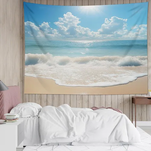 Miniatura 14 de LB Tapiz de hongos para colgar en la pared, luna y estrella en beige, tapiz de pared para dormitorio, estética de planta verde, arte de pared