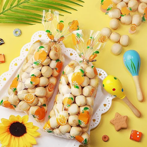 Miniatura 4 de Pajean 100 bolsas para baby shower, color naranja, de plástico, celofán, con 100 lazos dorados para galletas, aperitivos para fiesta de cumpleaños
