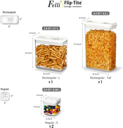 Miniatura 4 de Felli Flip Tite Recipiente de Almacenamiento con Tapa Rectangular de 4" Hermético con Anillo Abatible, Recipiente de Acrílico Apilable para Encimera