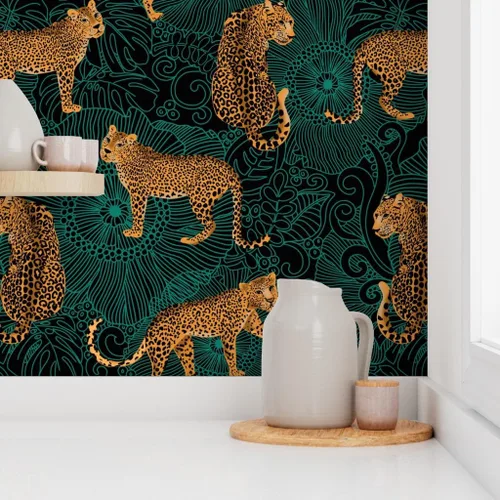Miniatura 8 de Papel tapiz autoadhesivo de 12 x 2 pies – Leopardo exótico selva negro verde animal África guepardo tigre papel tapiz extraíble personalizado por