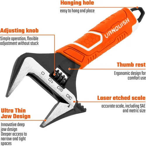 Miniatura 3 de VANQUISH Llave ajustable de 6 pulgadas, llave de fontanería de apertura de mandíbula de 1-1/4 pulgadas de ancho, acero CR-V, SAE y escala métrica