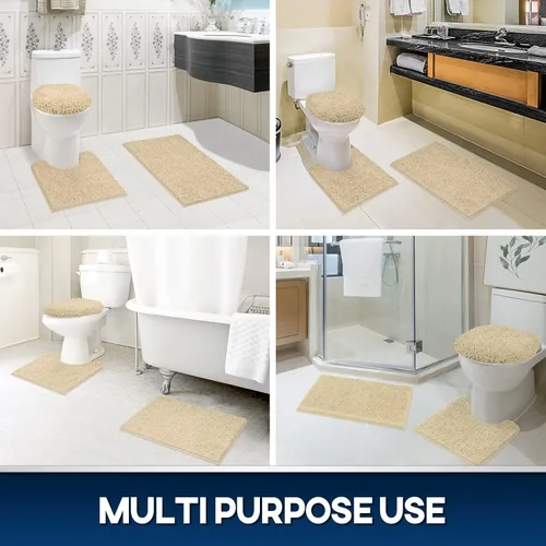 Miniatura 7 de Tapete de baño lavable a máquina, absorbe de agua, es antideslizante, suave y de microfibra, felpilla+F199:G228, Beige, 3 PCS