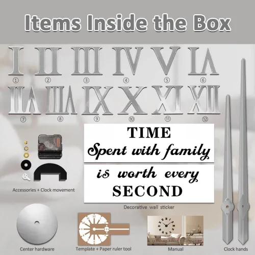 Miniatura 7 de Mintime - Reloj de pared sin marco, adhesivo acrílico 3D, números romanos, arte moderno, kit de piezas para decoración del hogar para sala de estar
