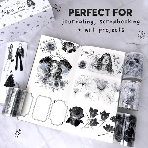 Miniatura 2 de Fayware 4 Cintas de PET para Álbum de Recortes y Diarios - Suministros de Diario Basura en Blanco y Negro para Proyectos de Manualidades y Artes DIY