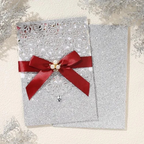 Miniatura 6 de AdasBridal 25 invitaciones de corte láser con purpurina plateada con tarjetas y sobres, diseño de diamante y cinta de lujo con inserto de papel