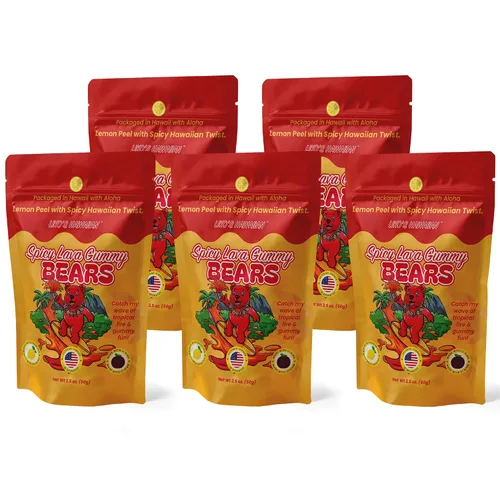 Ositos de gomita de lava especiados hawaianos con li-hing y cáscara de limón, caramelo dulce, ácido y salado hecho en Hawái, aperitivo de gomita