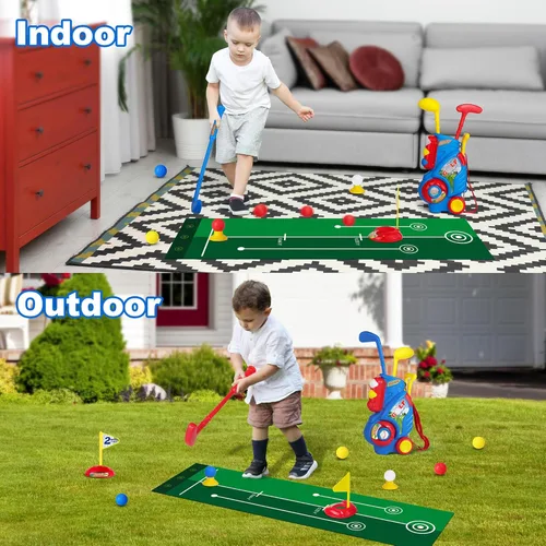 Miniatura 7 de Juego de palos de golf para niños y niñas de 1, 2, 3, 4 años, juego de palos de golf para niños con carrito y tapete de puting, juguetes deportivos