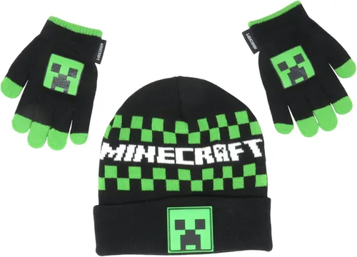 Minecraft - Gorro y guantes con logotipo a cuadros para niños color negro