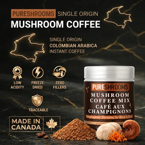 Miniatura 5 de PureShrooms Café instantáneo de hongos con melena de león orgánica, reishi y cordyceps Arábica colombiana liofilizada 600 mg de extractos