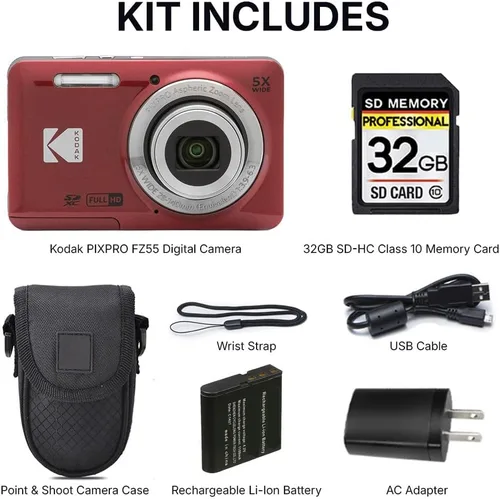 Miniatura 3 de Cámara digital Kodak PIXPRO FZ55, compacta de 16MP apunto y dispara, zoom óptico 5X, lente gran angular de 28mm, video Full HD 1080P, roja + estuche