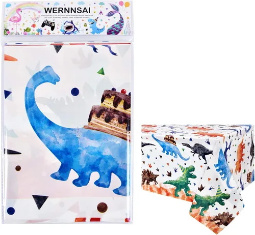 Miniatura 7 de WERNNSAI 1 mantel de dinosaurio – Decoración de cumpleaños de dinosaurios Tres Rex, mantel de dinosaurio para niños, baby shower, suministros