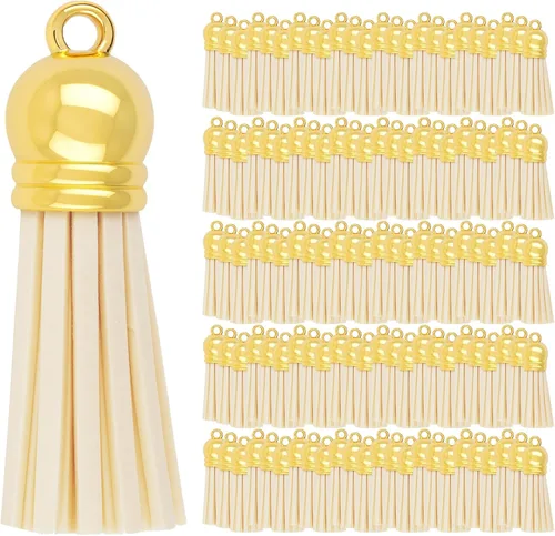 Miniatura 108 de Mandala Crafts 100 borlas de gamuza sintética color aguamarina con tapa dorada, suministros para hacer llaveros a granel, pequeñas borlas de cuero