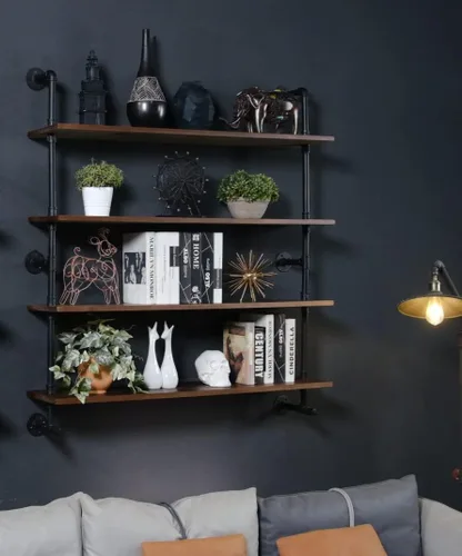 Miniatura 4 de Estantes de pared de tubería industrial con tablón de madera real, estantes flotantes de 48 pulgadas para pared, estantería de libros estilo granja