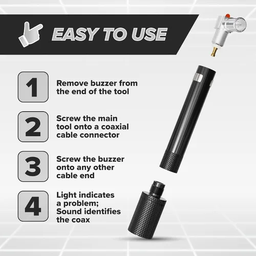 Miniatura 6 de Probador de continuidad de bolsillo coaxial (coaxial) (trazador) con tóner de voltaje (sonido) y paquete de conectores de barril, para prueba