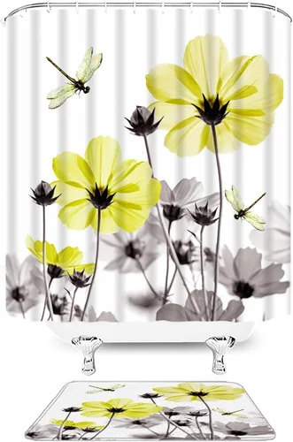 Miniatura 26 de Cortina de ducha floral azul y gris, planta rústica, retro, margarita, abstracta, elegante, natrue de tela con ganchos