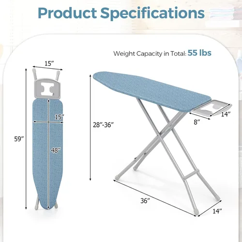 Miniatura 7 de COSTWAY Tabla de planchar de tamaño completo, soporte de hierro plegable de 57 x 15 pulgadas con altura ajustable de 7 niveles, cubierta de Azul
