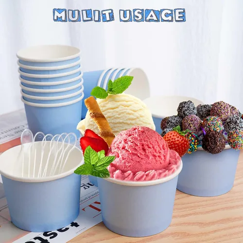 Miniatura 5 de Cunhill 100 tazas de helado de 8 onzas con 100 cucharas, recipientes de helado de color sólido, tazas de helado desechables, tazones de yogur, Azul