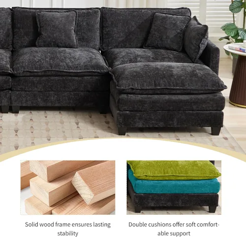 Miniatura 7 de Sofá modular negro de 111.5 pulgadas, sofás seccionales grandes de 3 plazas para sala de estar, sofá nube de tela de felpilla de gran
