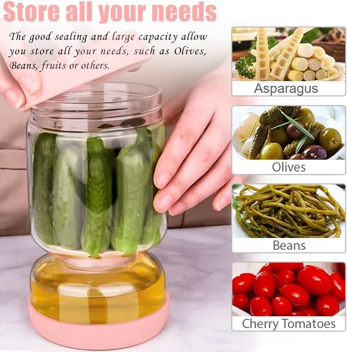 Miniatura 3 de Homnoble - Tarro de reloj de arena con pepinillos y aceitunas con colador abatible para separador de jugo de húmedo y seco, tapa de ABS de grado Rosa