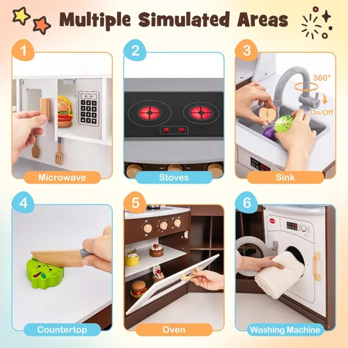 Miniatura 5 de HONEY JOY Juego de Cocina de Esquina para Niños, Cocina de Juego de Madera Definitiva para Niños Pequeños, Lavadora, Máquina de Hielo, Fregadero