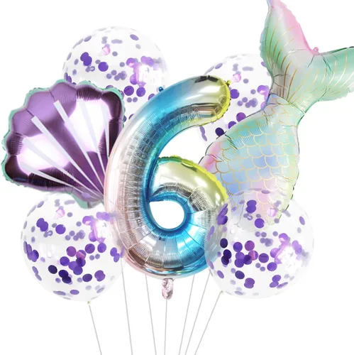 Miniatura 10 de 7 globos de sirena con números para fiesta de cumpleaños de 1, 2, 3, suministros de decoración de cola de sirena para niñas (número 0)