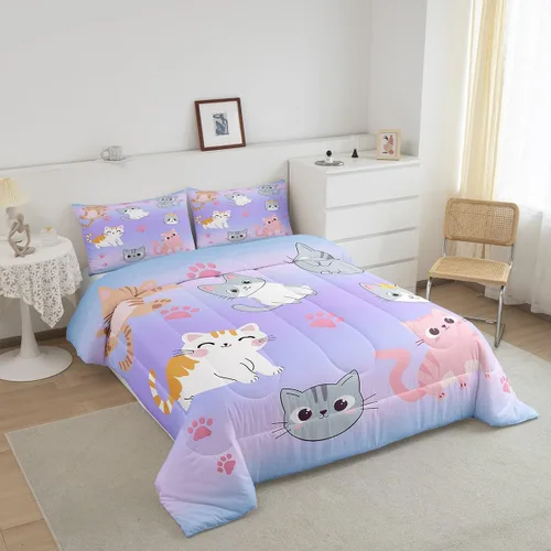 Miniatura 61 de Erosebridal Juego de ropa de cama para niños, tamaño individual, diseño de gatos de dibujos animados, para niñas, niños y adolescentes, edredón