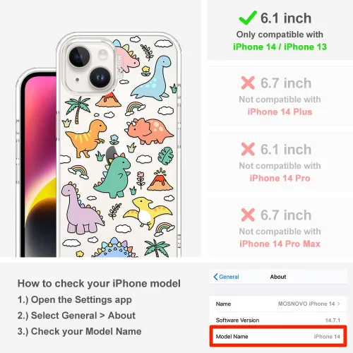 Miniatura 2 de MOSNOVO - Funda para iPhone 13/14, grado militar, probada en caídas de 6.6 pies, transparente con diseño de tierra de dinosaurios Transparente