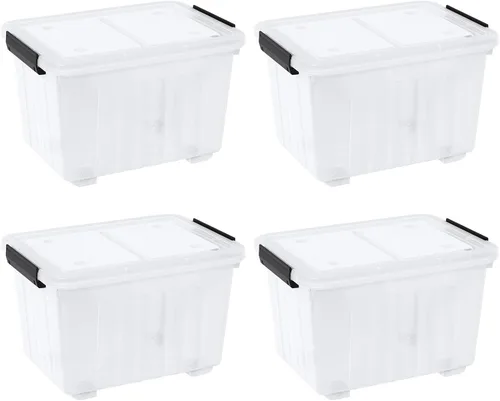 Miniatura 8 de Paquete de 4 cajas de plástico de 20 L, contenedores de almacenamiento transparentes con tapas/asas