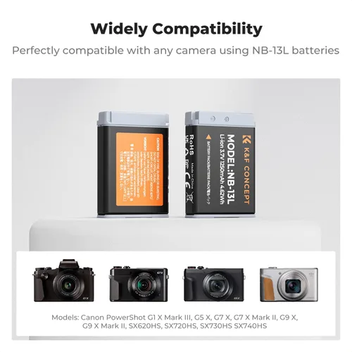 Miniatura 3 de K&F Concept Juego de 2 baterías NB-13L y cargador de doble ranura para Canon EOS G7 X Mark II, G7 X, G1 X Mark III, G5 X, G5X Mark II, G9 X, G9 X