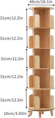 Miniatura 3 de Estantería giratoria de 360°, estante apilable de madera maciza de 5 niveles, estante de almacenamiento de pie para sala de estar, estudio y oficina