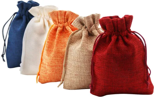SumDirect Bolsas de regalo pequeñas de arpillera, 20 bolsas de joyería de colores mixtos con cordón, bolsas de regalo de lino reutilizables para