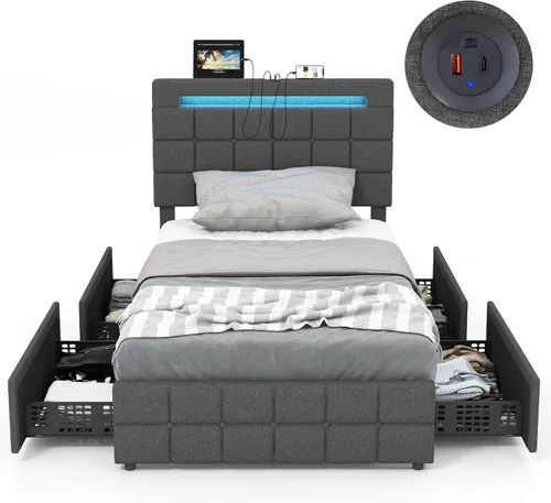 Miniatura 9 de KOMFOTT Base de cama individual con estación de carga y luces LED, base de cama de plataforma tapizada con cabecera ajustable y 4 cajones