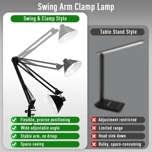 Miniatura 5 de Lámpara de escritorio LED para oficina en casa, lámpara de escritorio con brazo oscilante con abrazadera, lámpara de mesa de cuello de cisne Negro