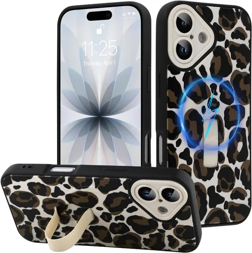 Miniatura 94 de Funda diseñada para iPhone 17 Pro Max con soporte plegable y correa para dedos, bonito patrón de lazo de corazón de flor rosa para mujeres y niñas