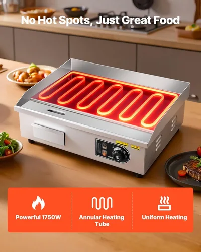 Miniatura 3 de VEVOR Plancha eléctrica comercial, 21 x 11.8 pulgadas, 1750 W, control de temperatura ajustable de 122-570 °F, parrilla superior plana de acero