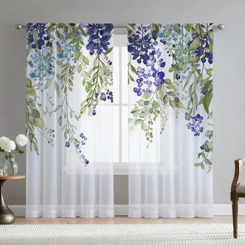 Miniatura 18 de Cortinas de hojas de eucalipto verdes para sala de estar de 63 pulgadas de largo, juego de 2 paneles elegantes de flores silvestres con estampado