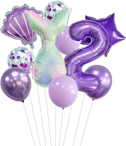 Miniatura 26 de 7 globos de sirena con números para fiesta de cumpleaños de 1, 2, 3, suministros de decoración de cola de sirena para niñas (número 0)