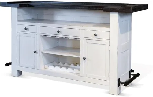 Pemberly Row - Unidad de barra de madera estilo granja de 78" con pasamanos, estantes ajustables, estante para vinos removible, almacenamiento para