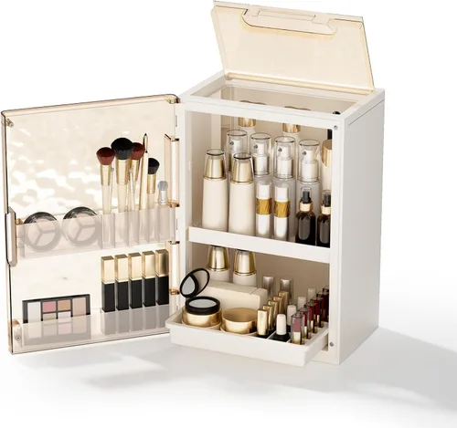 Organizador de maquillaje con cajones, organizador de cuidado de la piel para tocador, vitrina grande de cosméticos con asa, organizadores de