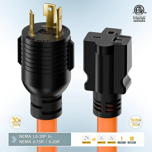 Miniatura 6 de Enchufe de bloqueo giratorio Nema L6-30P de 30 amperios macho a adaptador de hoja T 6-20R, generador STW 12-AWG 30A 250V 250V 6-20/15R, adaptador