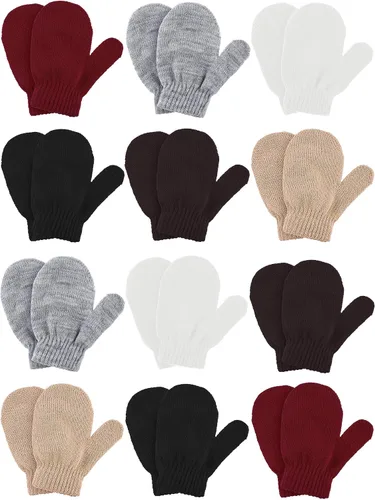 Boao Paquete de 12 pares de manoplas para niños pequeños, paquete de guantes de punto de invierno para niños y niñas