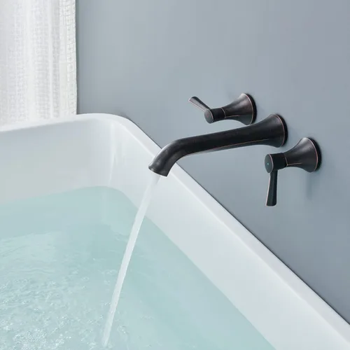 Miniatura 3 de Grifo de bañera de montaje en pared Qinkell, grifos de bañera de bronce cepillado en aceite para bañera romana, grifos de bañera de alto flujo