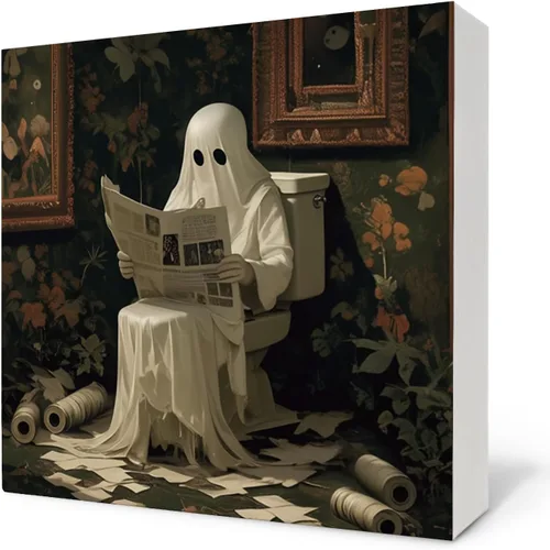 Letreros de baño de Halloween – Cartel de madera con diseño de fantasma vintage para inodoro, divertida decoración de madera para baño, baño,