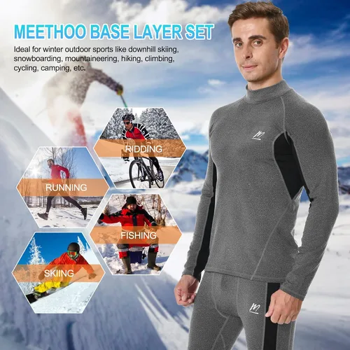 Miniatura 7 de Men's Fleece Lined Long Johns Base Layer Set Top Bottom for Ski Running Cold Weather