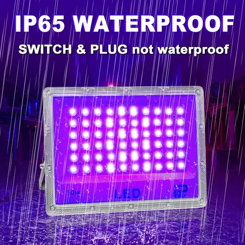 Miniatura 8 de Eleganted Paquete de 2 luces LED negras de 50 W, potentes luces negras UV con enchufe, IP66 impermeable, luz negra UV de 395-405 nm para iluminación